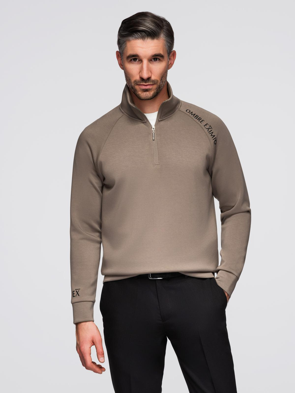 Ombre Men's sweatshirt with contrasting print and unbuttoned high collar - grey-brown
