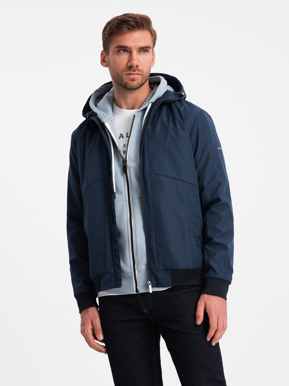 Ombre Men's Lightweight Jacket With Hood And Mesh Lining - Navy Blue