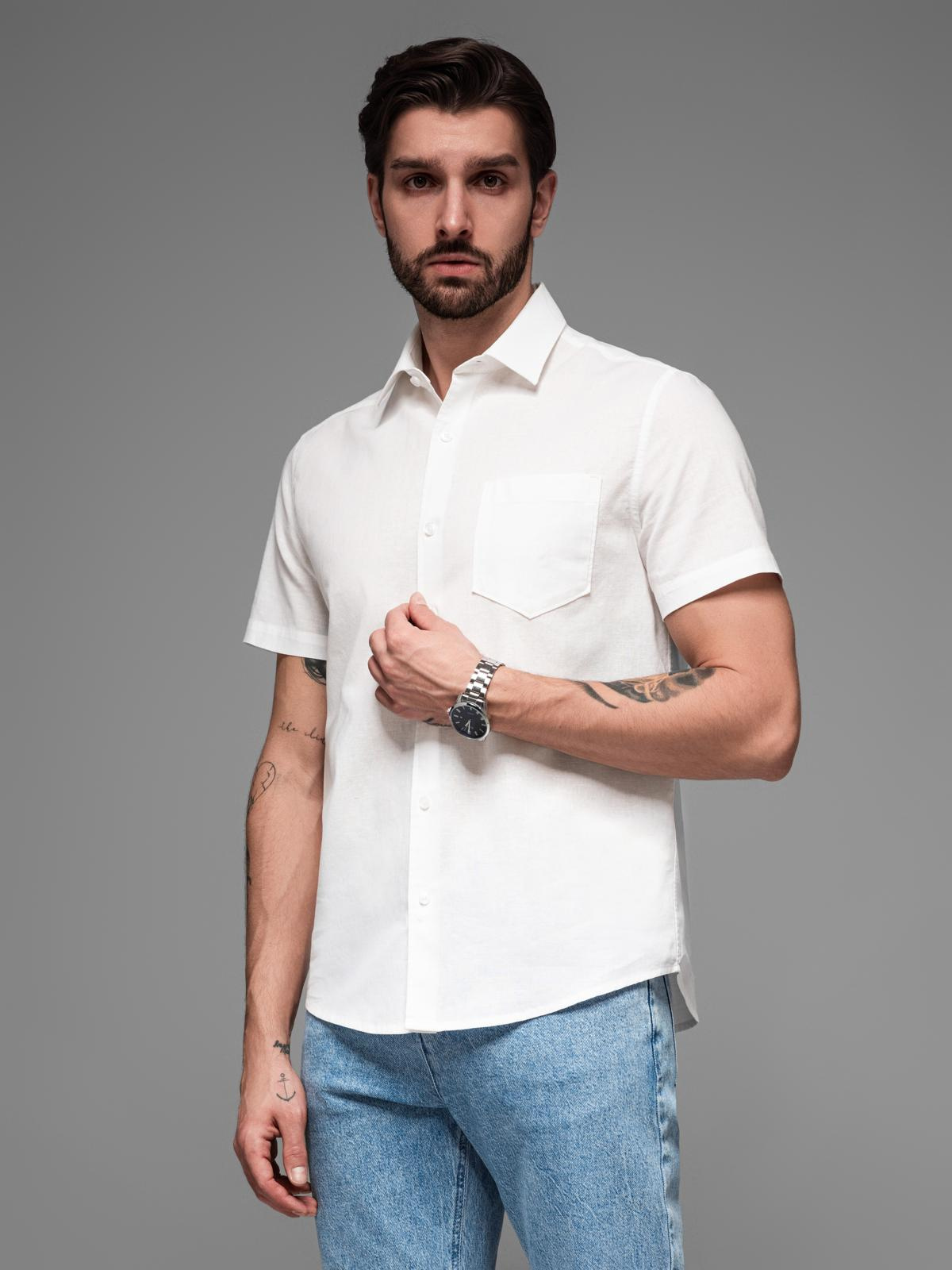 Ombre Men&#039;s short-sleeved linen-cotton shirt with pocket - broken white