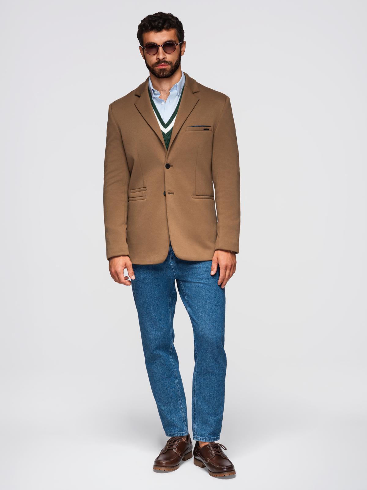 Ombre Men's knitted jacket with a fitted cut - light brown