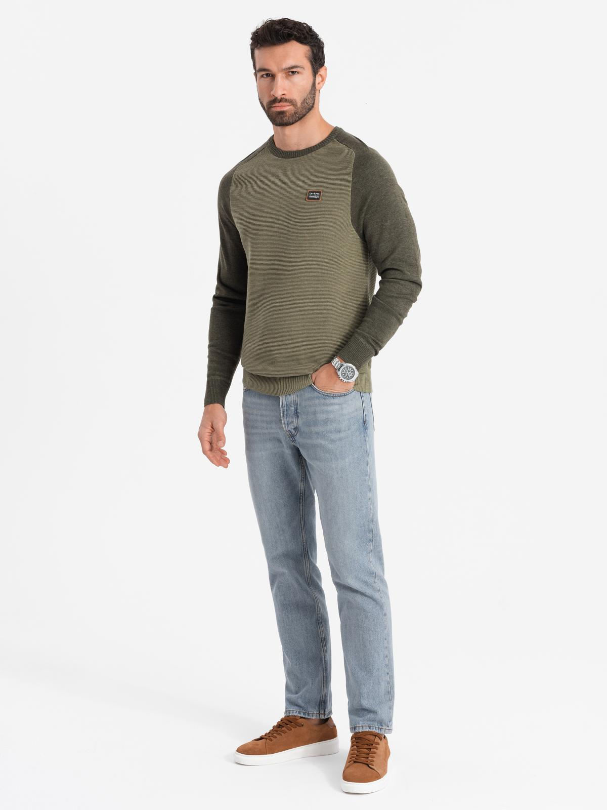Ombre Cotton men&#039;s sweater with patch and raglan sleeves - olive