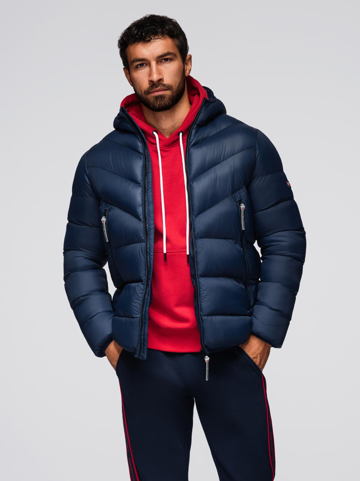 Ombre Modern men&#039;s quilted jacket of combined materials - navy blue