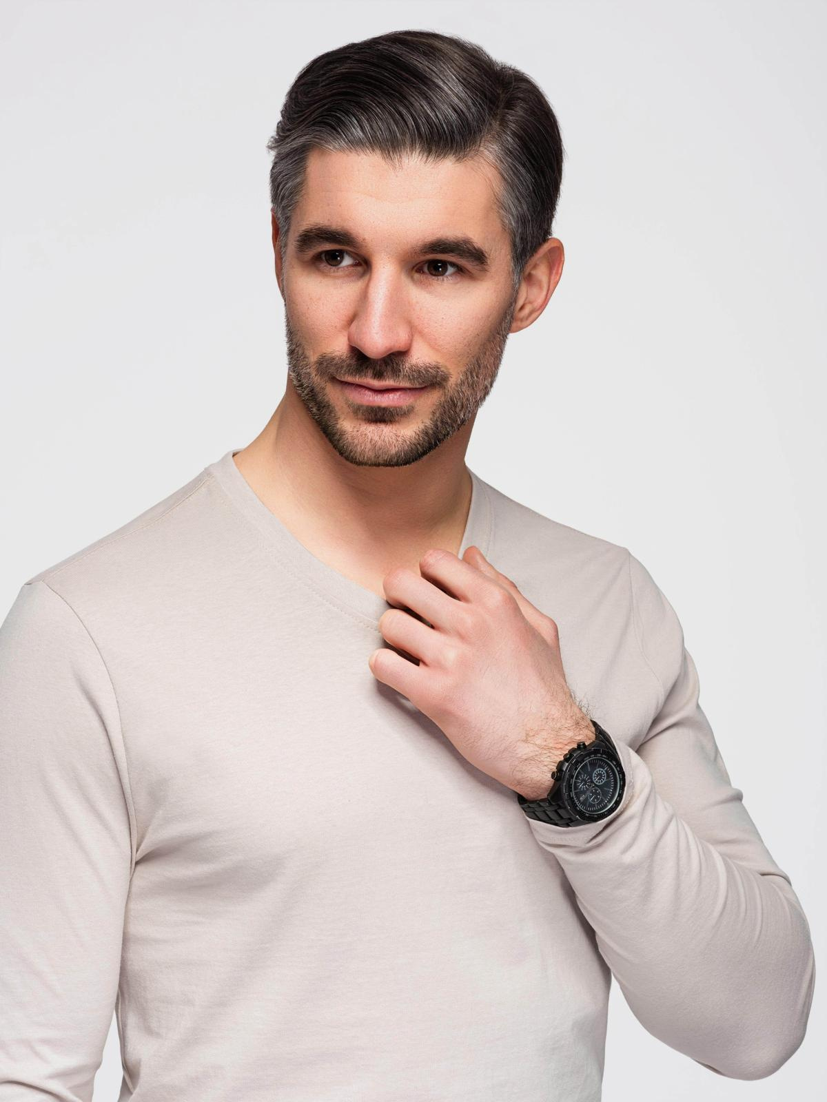 Ombre Men's unprinted longsleeve with v-neck - light beige