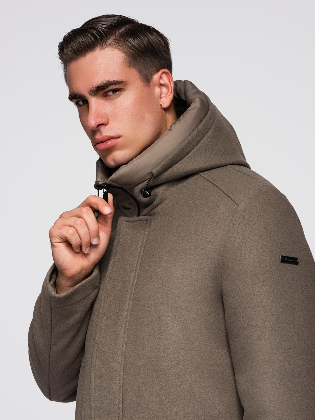 Ombre Men&#039;s parka coat with wool and hood - khaki
