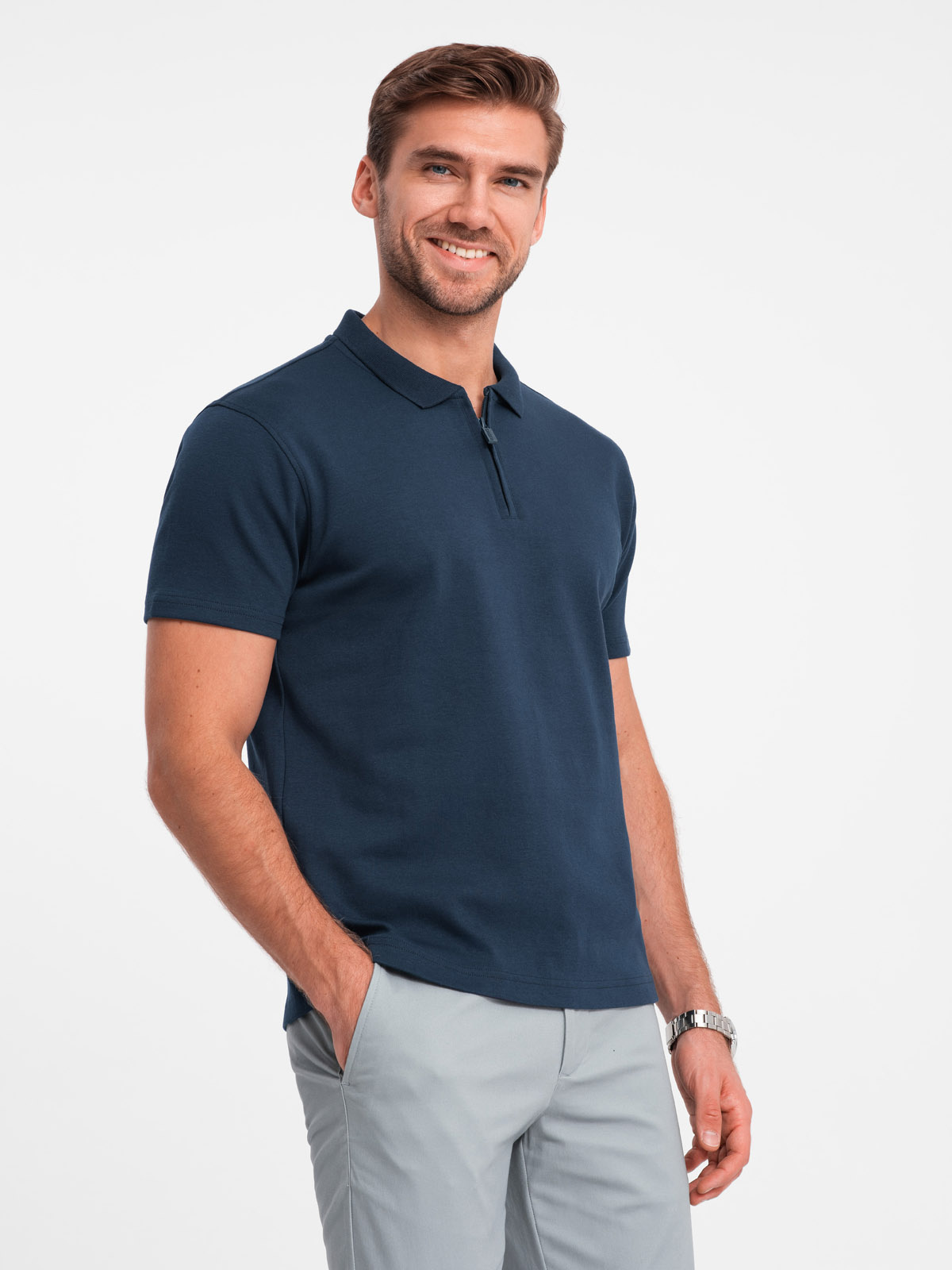 Ombre Men&#039;s polo shirt with zippered collar - navy blue