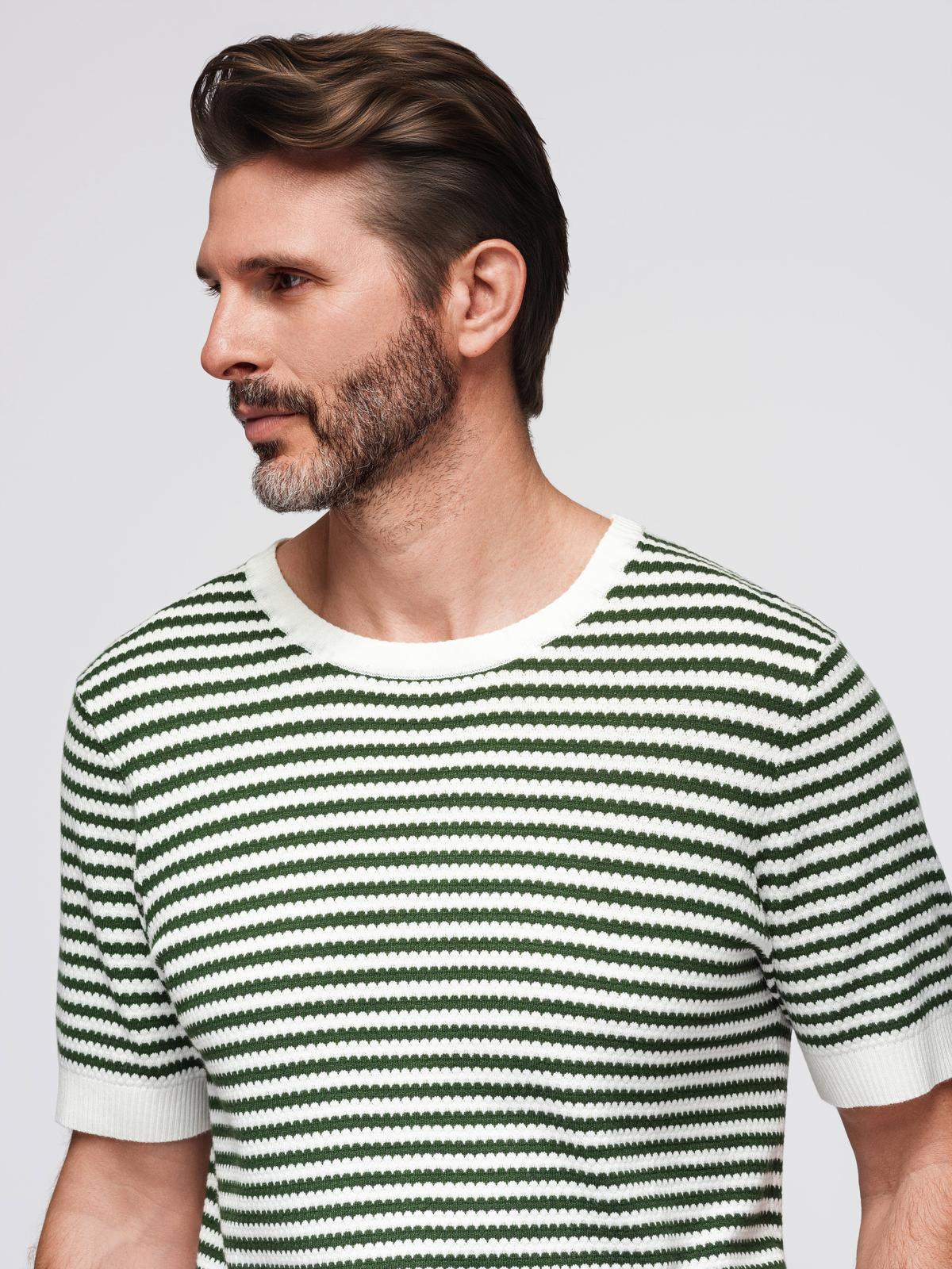 Ombre Men&#039;s knitted t-shirt with navy stripes and openwork weave - olive and white