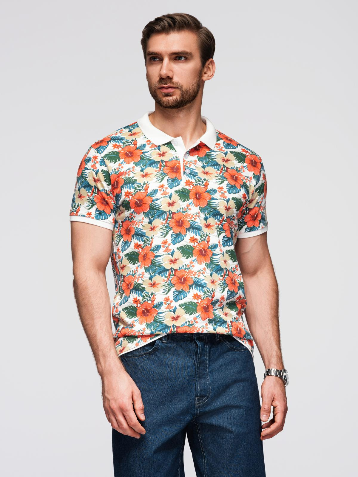 Ombre Cotton polo shirt with floral print - white