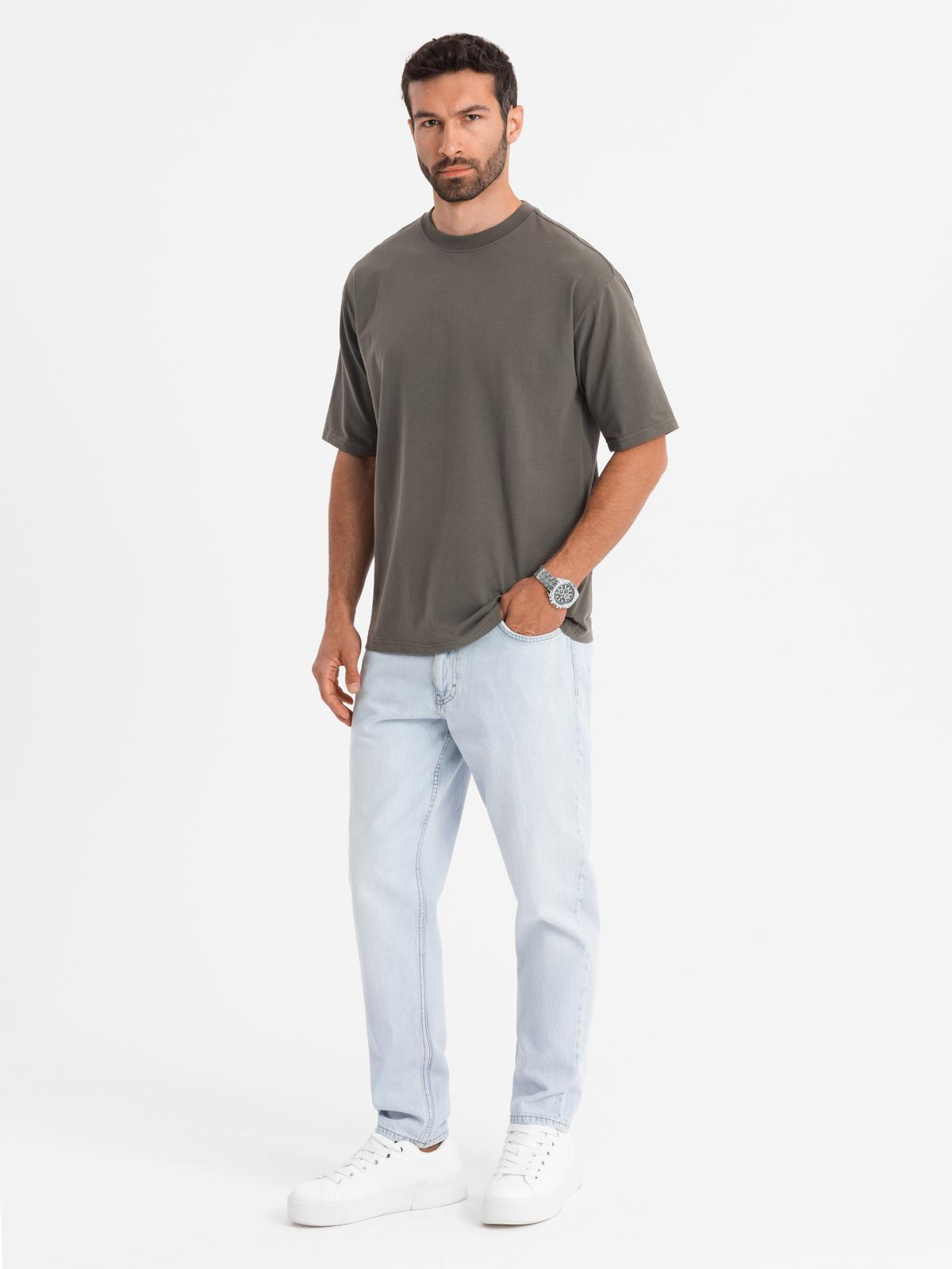 Ombre Men's LOOSE FIT cotton t-shirt with round neckline - dark olive