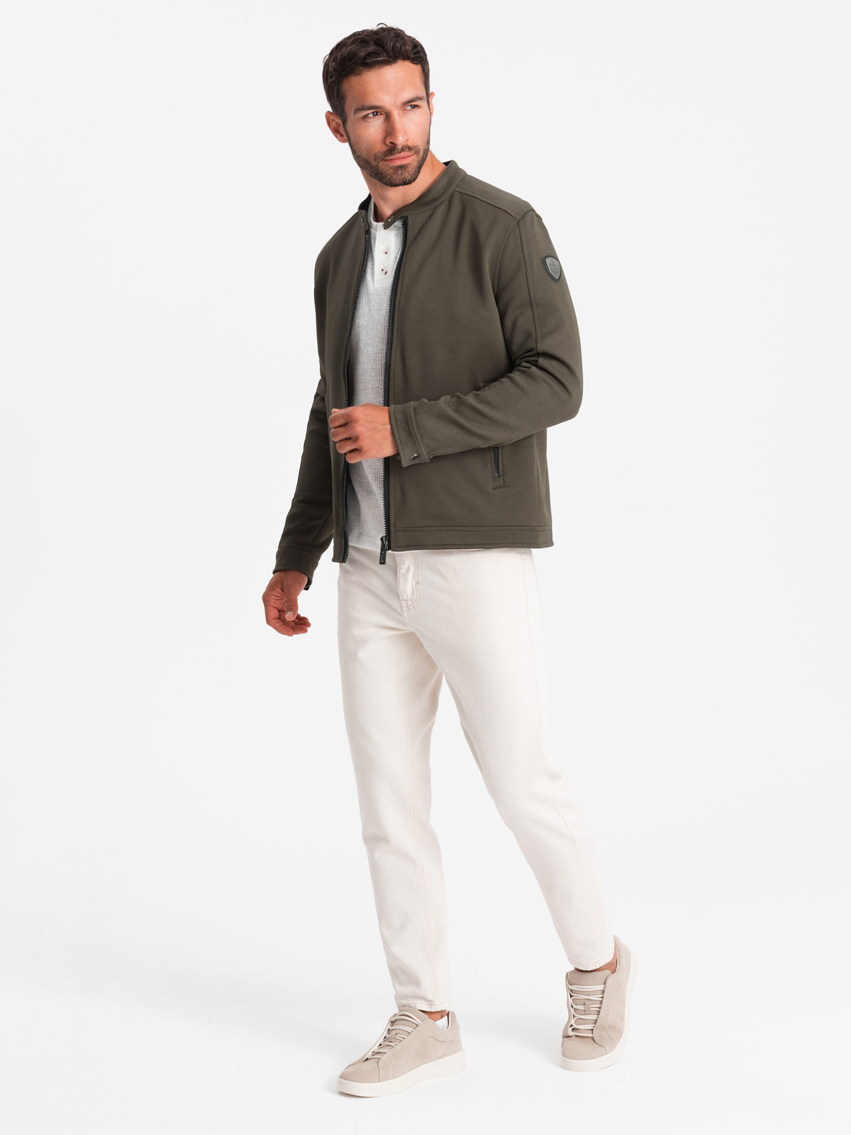 Ombre Men's BIKER jacket in structured fabric - dark olive green