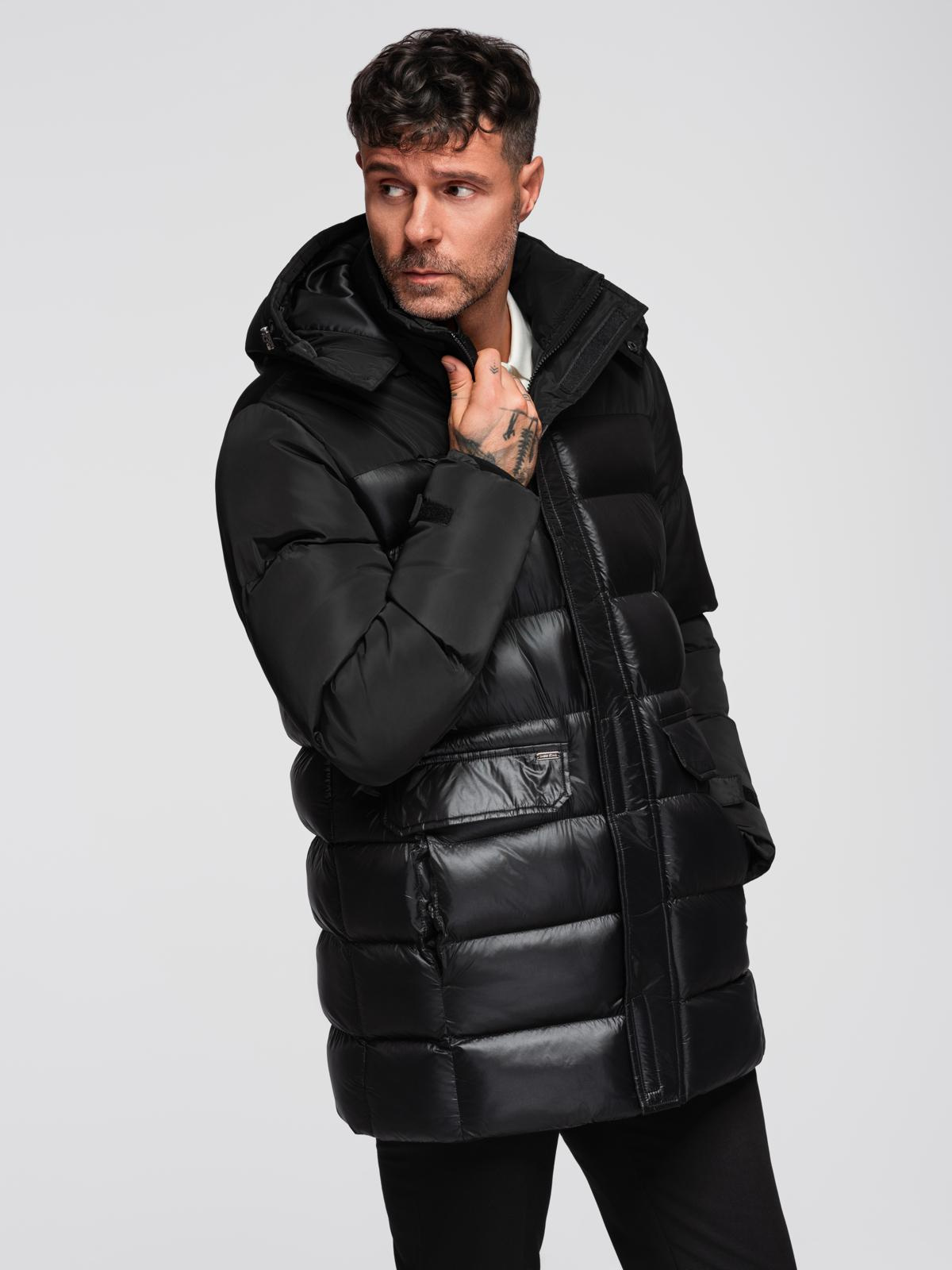 Ombre Men&#039;s quilted jacket with high collar and hood - black