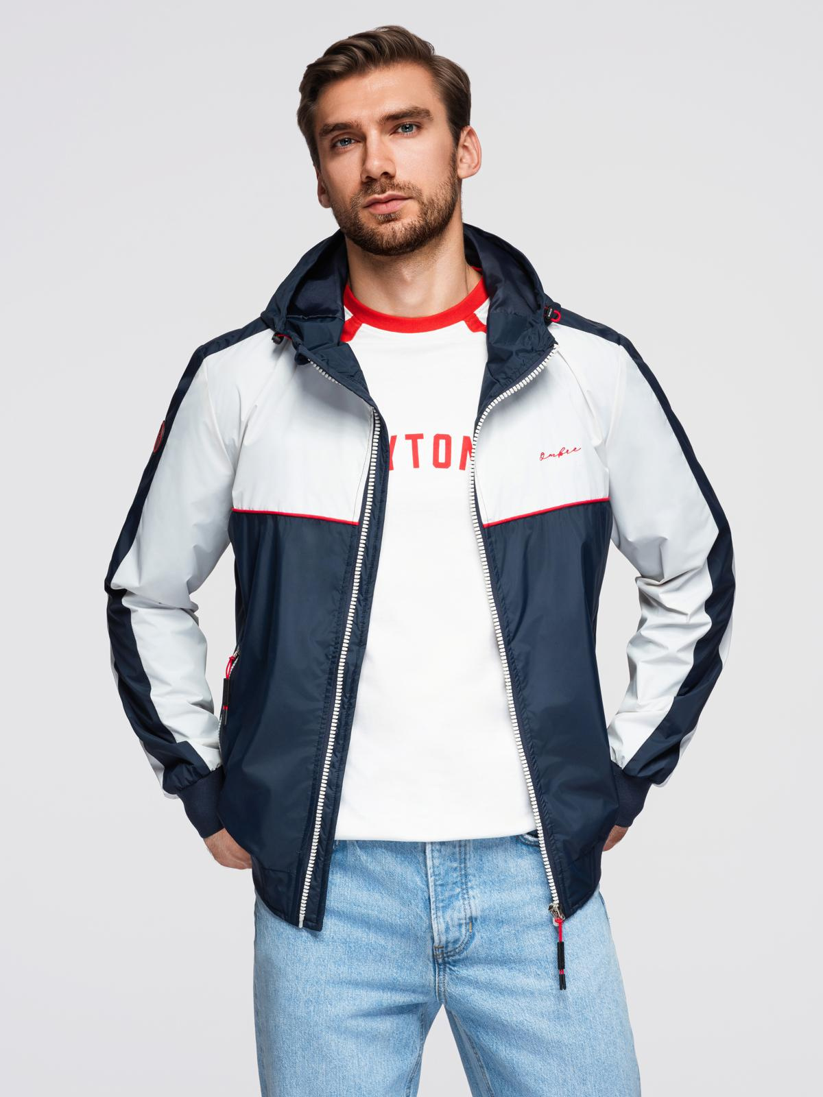 Ombre Men&#039;s contrast windbreaker jacket with hood - navy blue and white