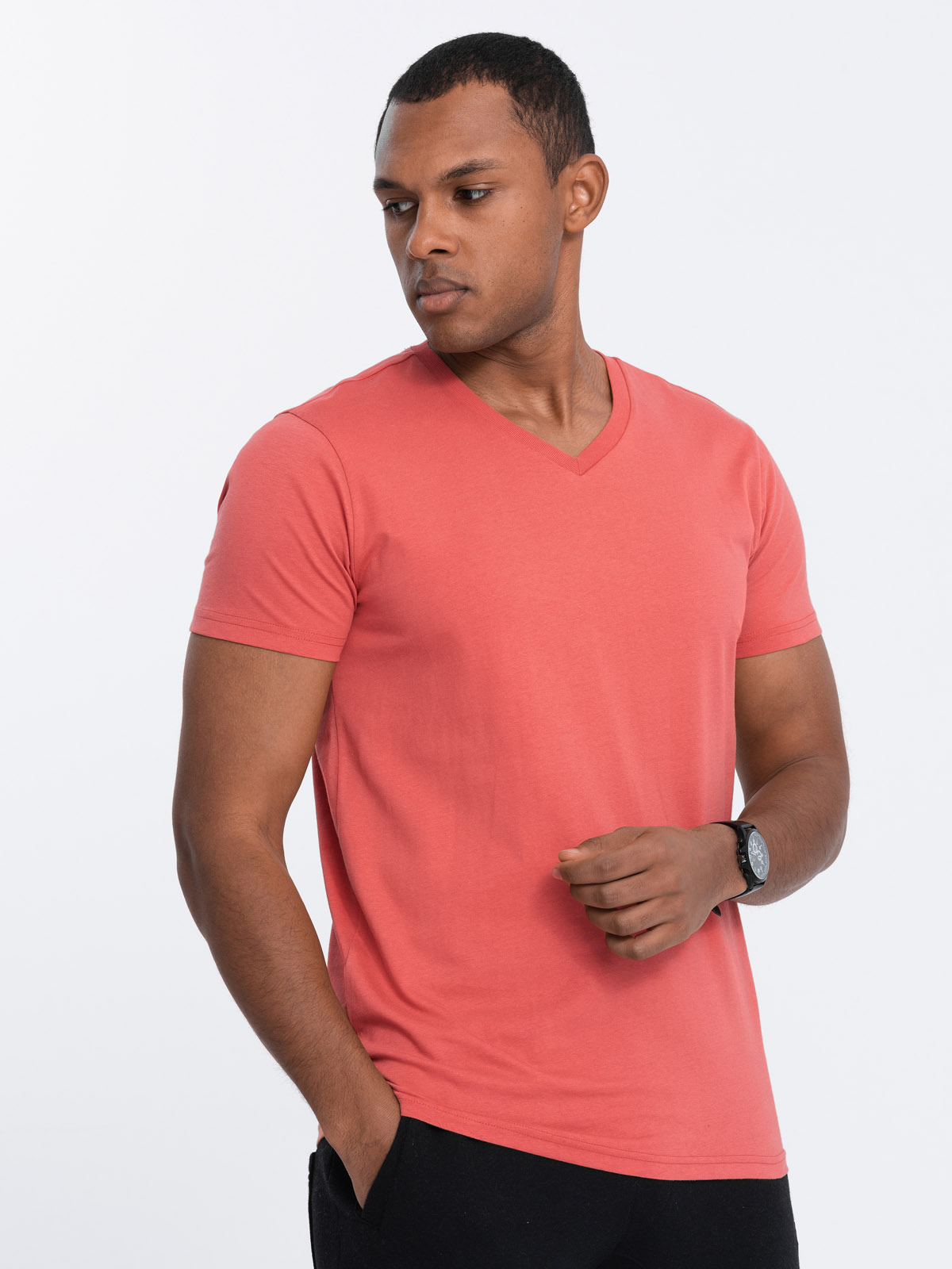 Levně Ombre BASIC men's classic cotton T-shirt with a crew neckline - pink