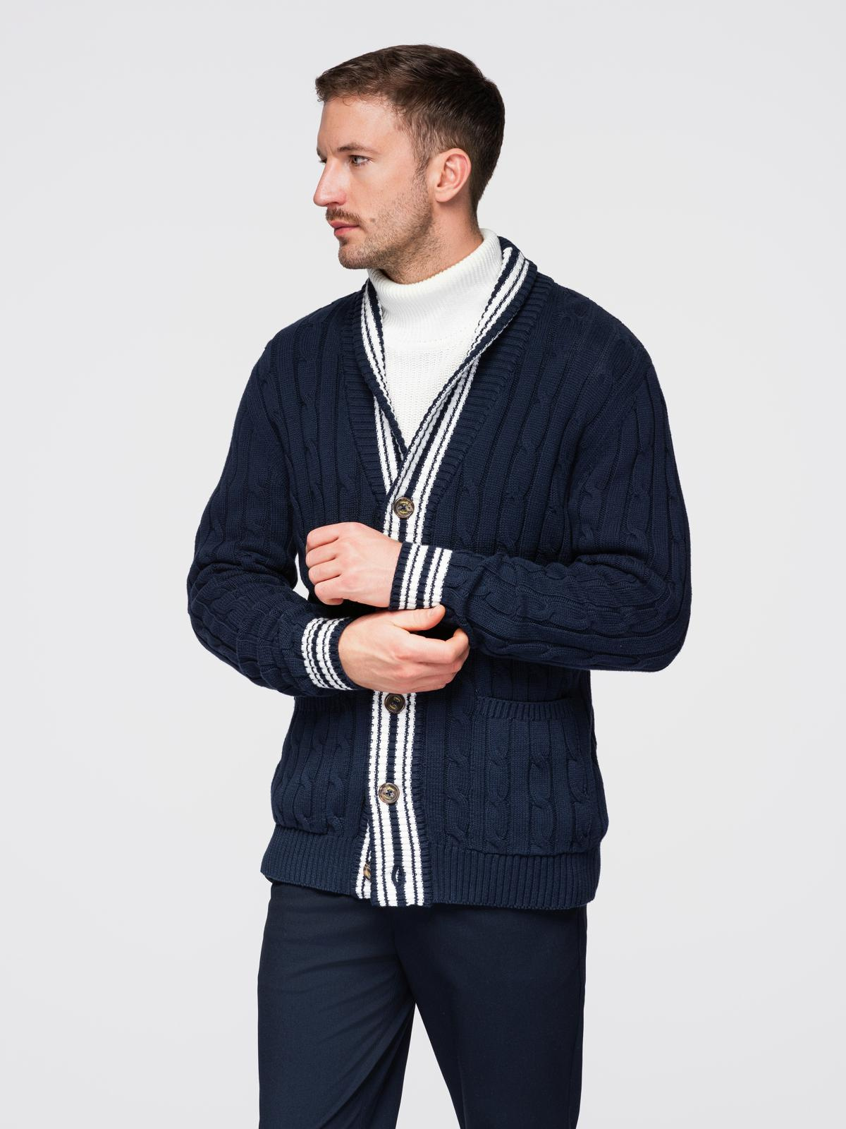 Ombre Men's cardigan sweater with shawl collar in preppy style - navy blue