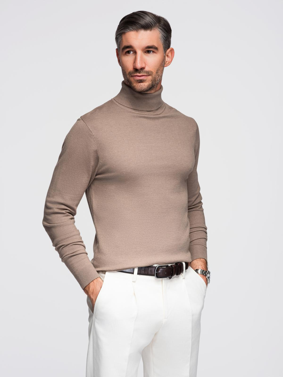Ombre Men's knitted turtleneck with viscose - dark beige