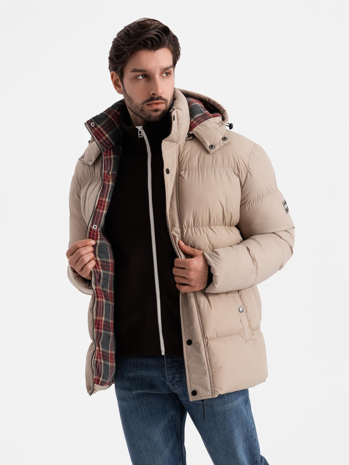 Ombre Men's puffer jacket with check lining - beige