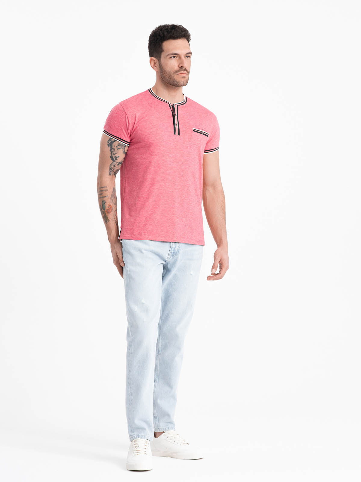 Ombre Men's henley t-shirt with decorative ribbing - red