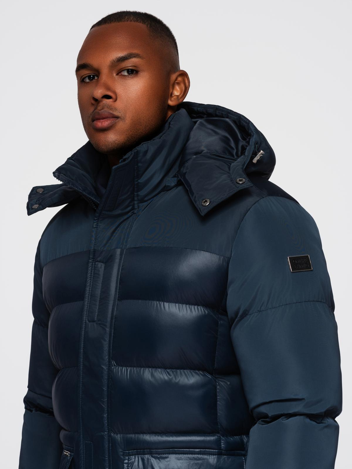 Ombre Men&#039;s quilted jacket with combined materials and hood - navy blue
