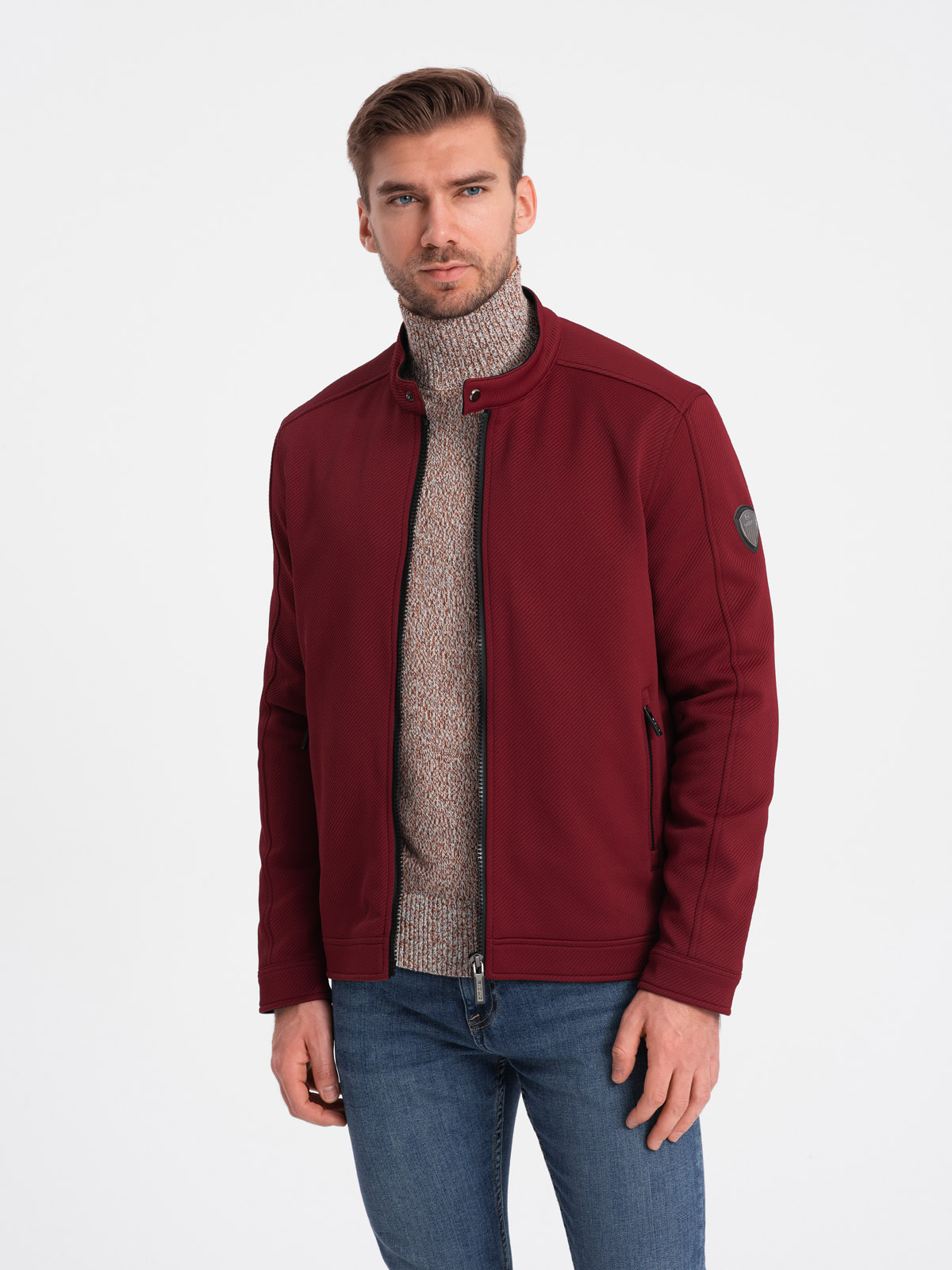 Levně Ombre Men's BIKER jacket in structured fabric - maroon