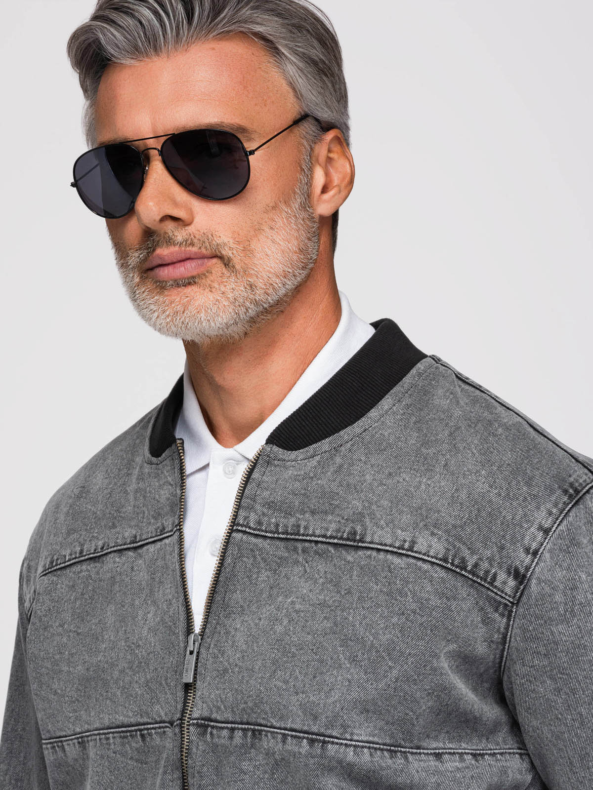 Ombre Men's denim bomber jacket with stone wash effect - grey