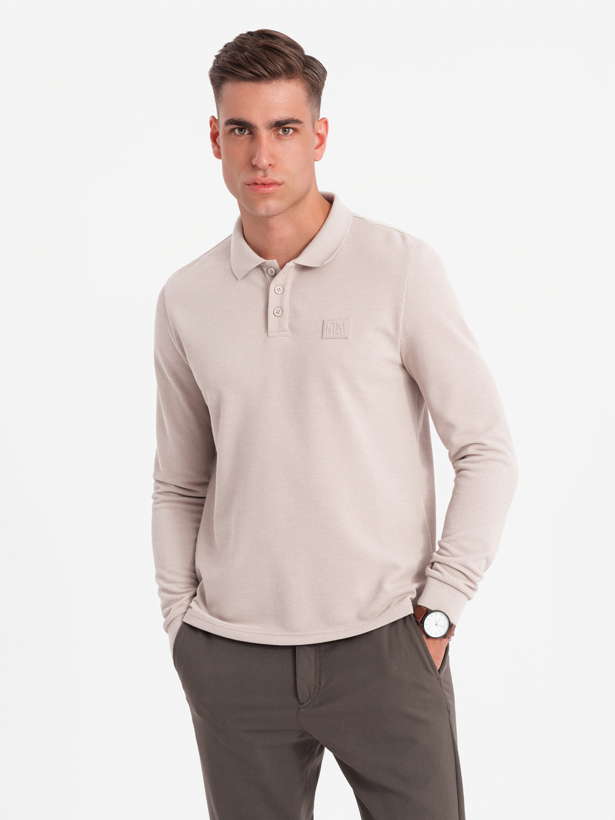 Ombre Men's Structured Polo Longsleeve With Patch - Ash