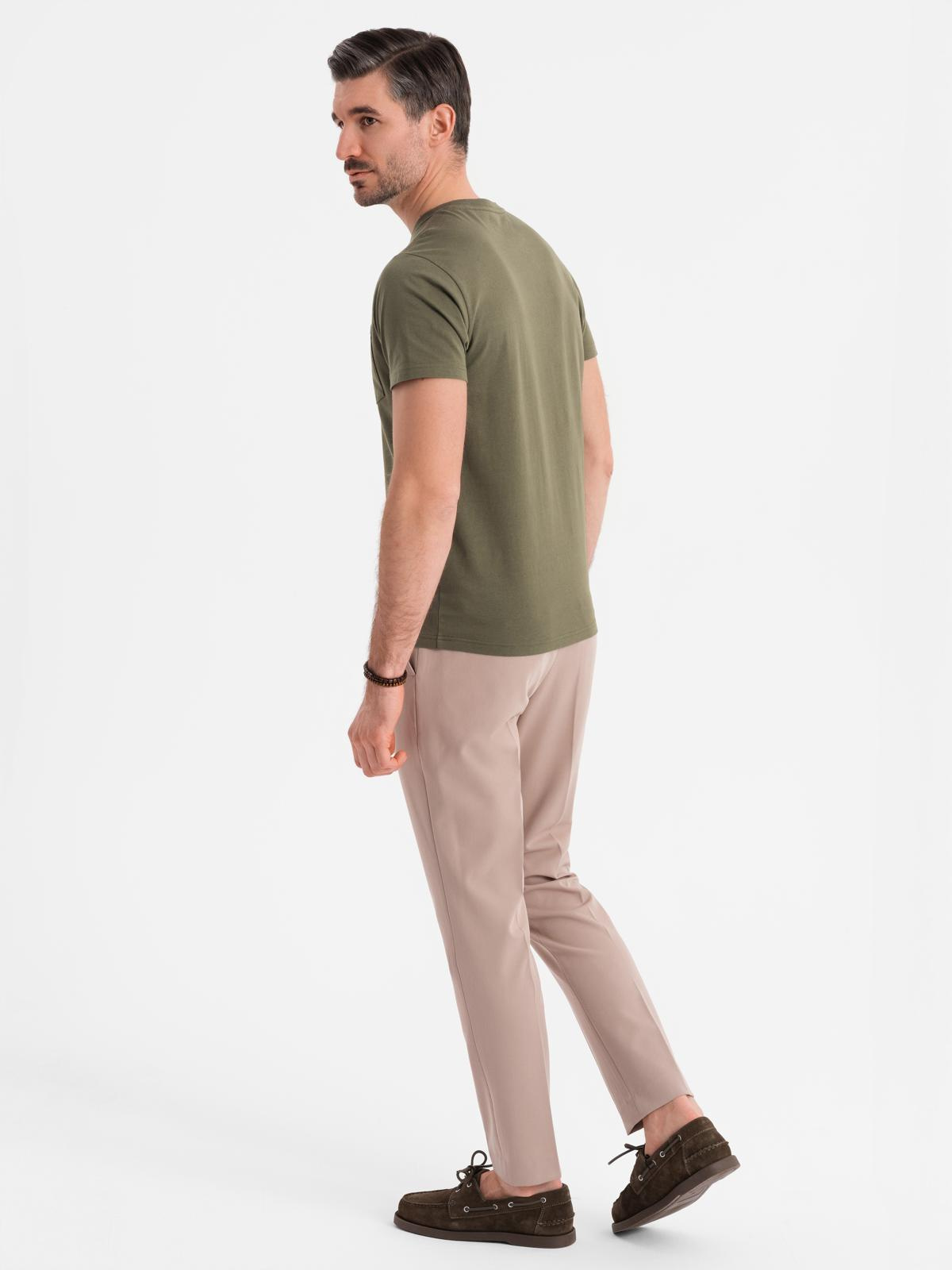 Ombre Men's T-shirt with button neckline and suede trim - dark olive
