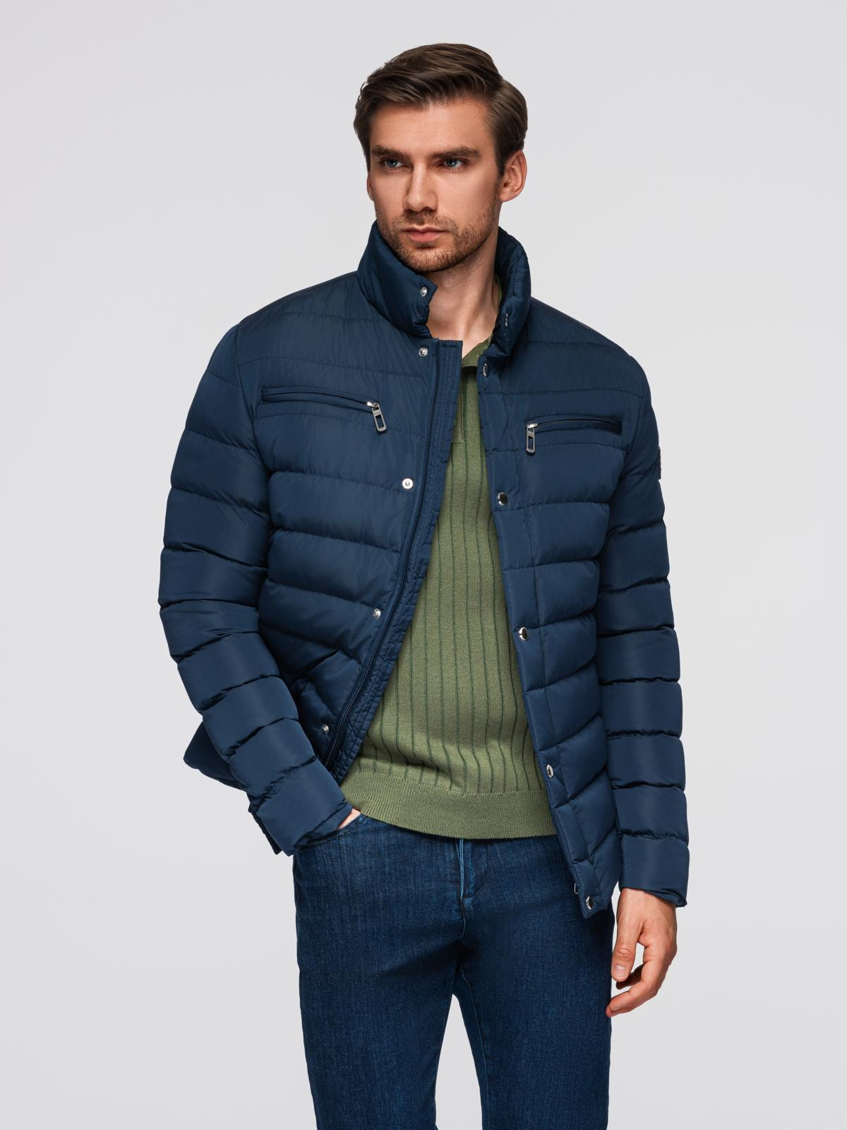 Ombre Mens quilted jacket with stand-up collar and chest zips - navy blue