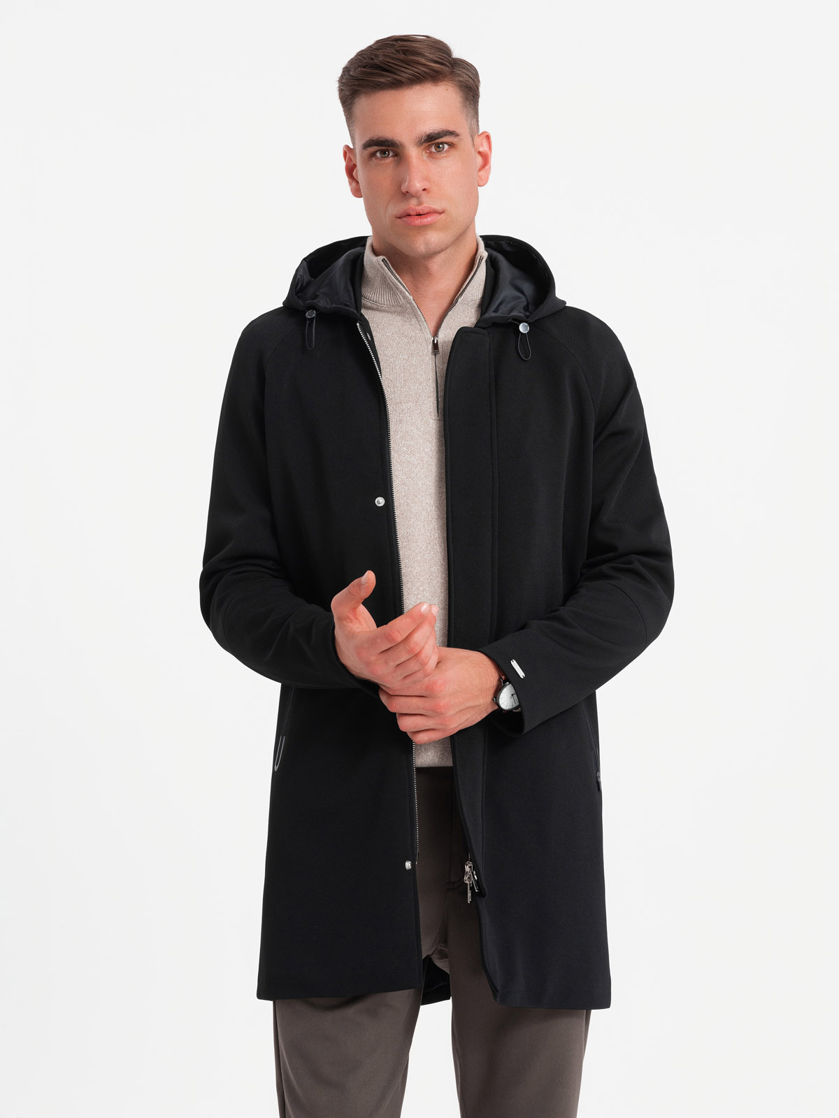 Ombre Men's Hooded Coat In Fine Pinstripe - Black