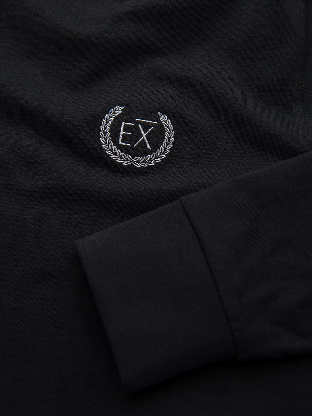 Ombre Men's cotton longsleeve with striped U neckline and embroidery - black