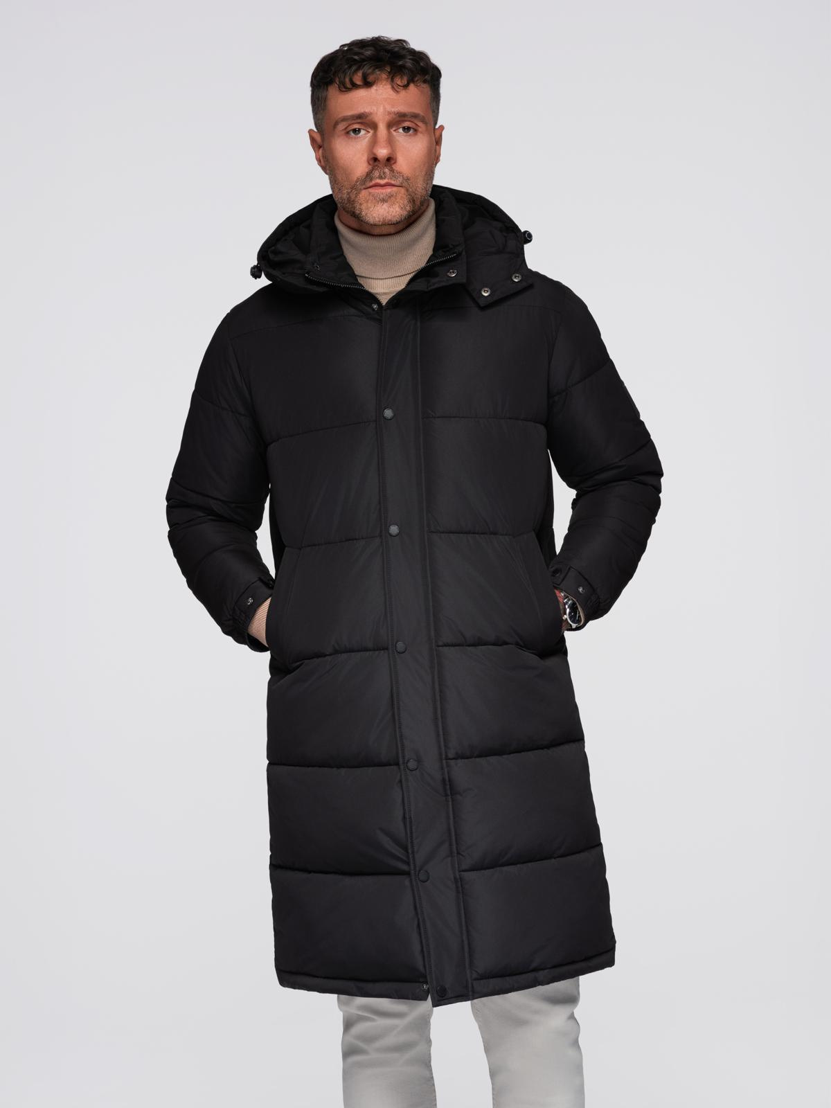 Ombre Men&#039;s long quilted winter jacket with hood - black