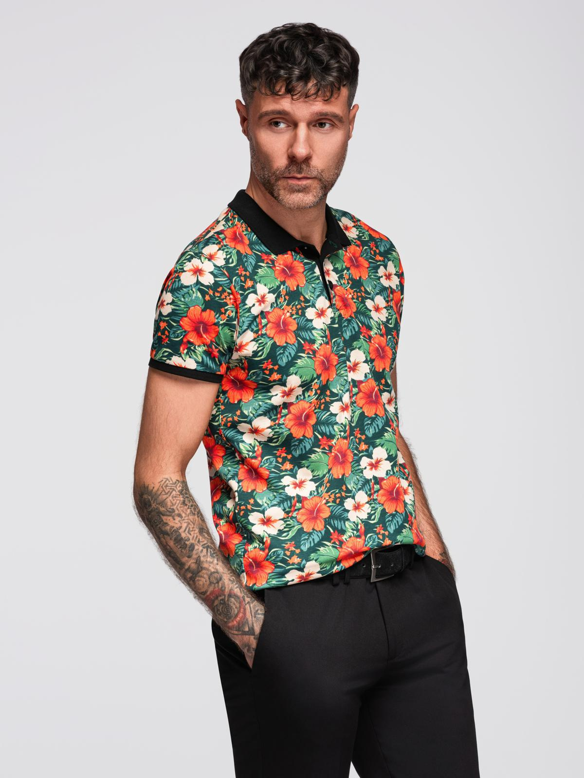 Ombre Cotton polo shirt with floral print - black
