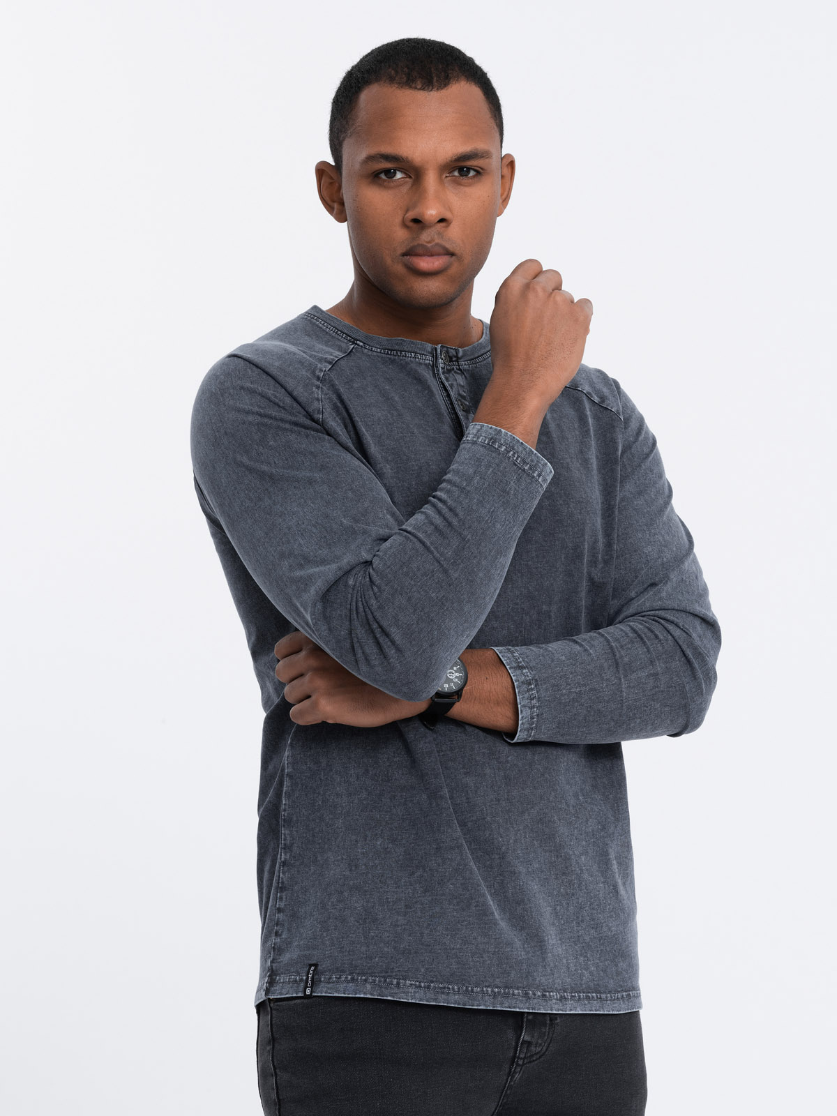 Ombre Men's Wash Henley Longsleeve With Raglan Sleeves - Dark Blue