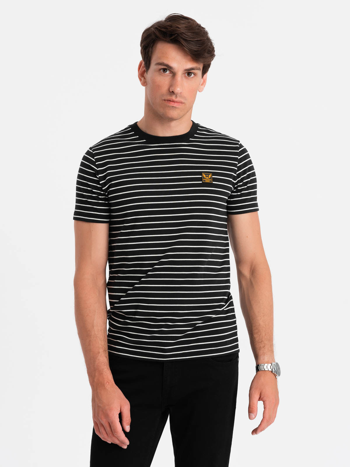 Men's striped t-shirt with patch by Ombre Design - black and white
