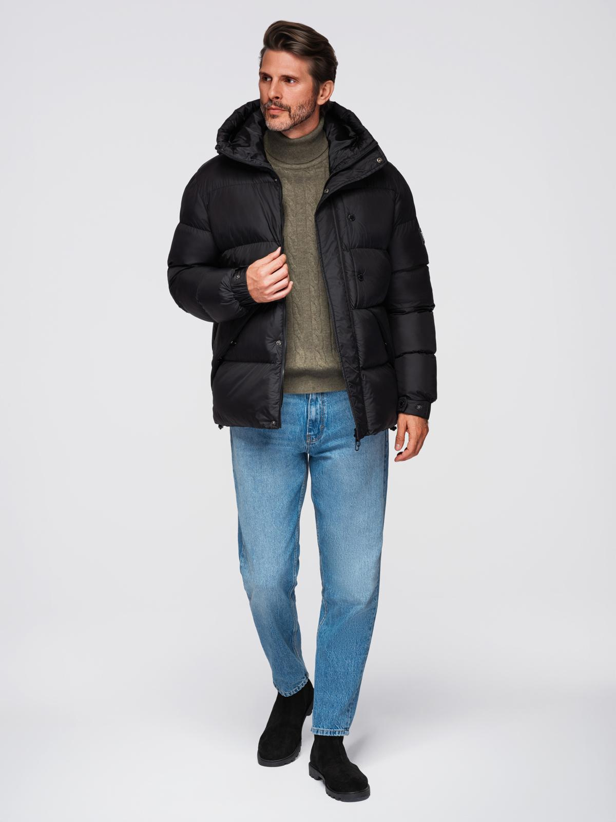 Ombre Men&#039;s quilted jacket with high zipped hood - black