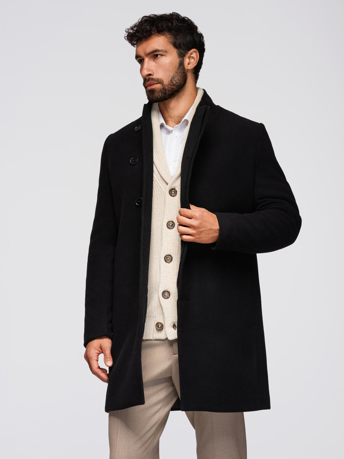 Ombre Men&#039;s coat with high collar and asymmetrical fastening - black