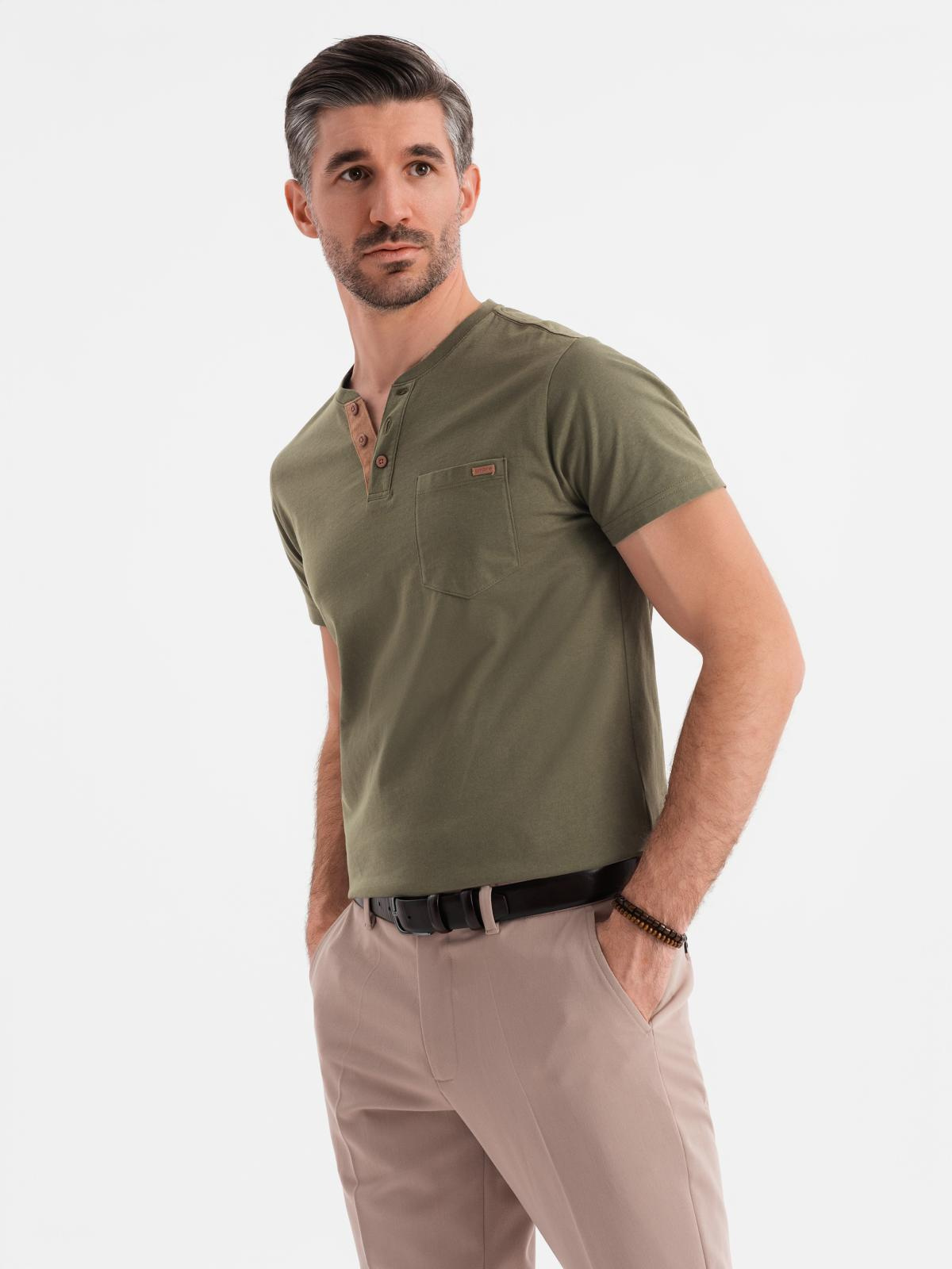 Ombre Men's T-shirt with button neckline and suede trim - dark olive