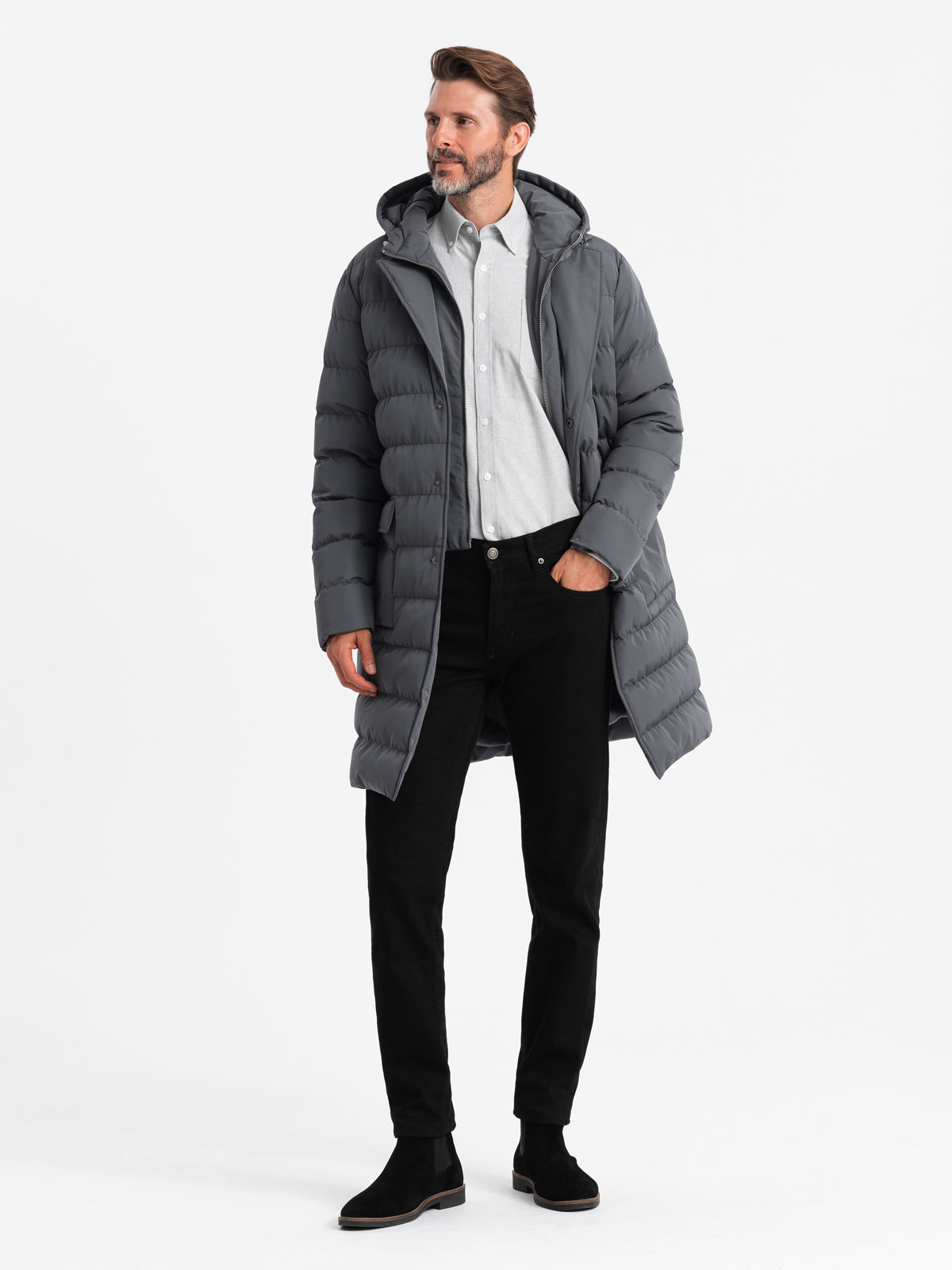 Ombre Men&#039;s long quilted jacket with lapels and lining - graphite