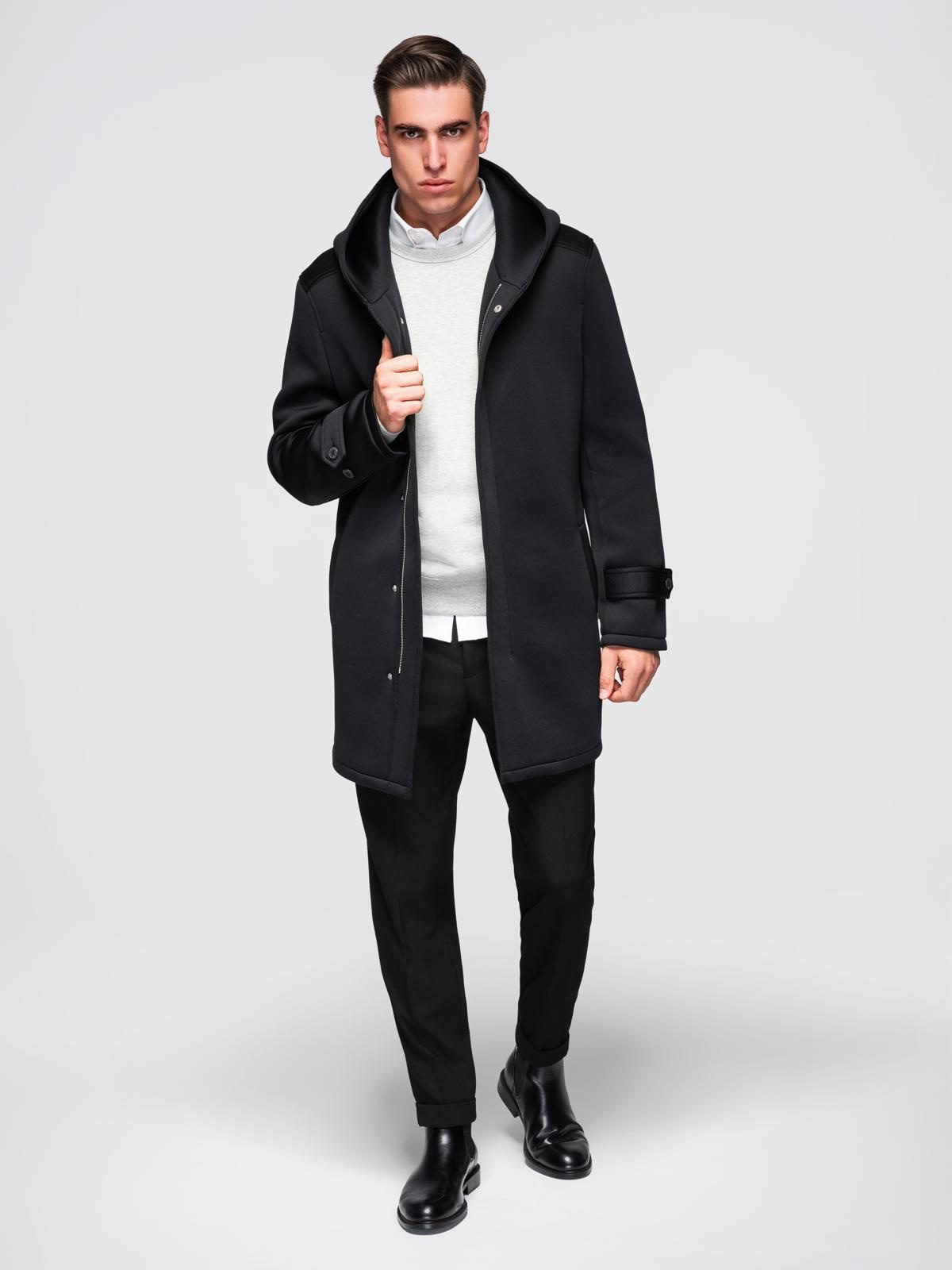 Ombre Men&#039;s minimalist medium length coat with hood - black