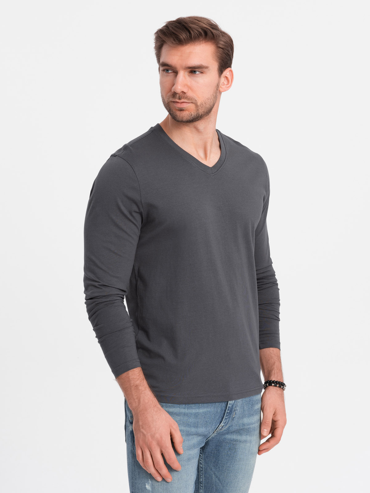 Ombre Men's unprinted longsleeve with a v-neck - graphite