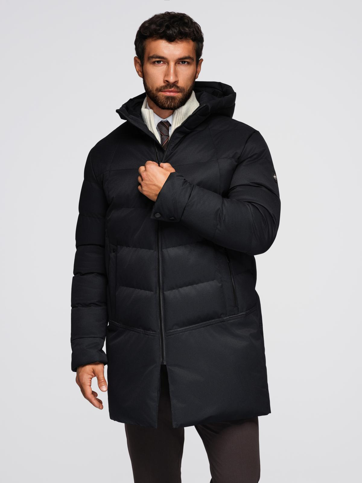 Ombre Mens long quilted jacket with hood - black