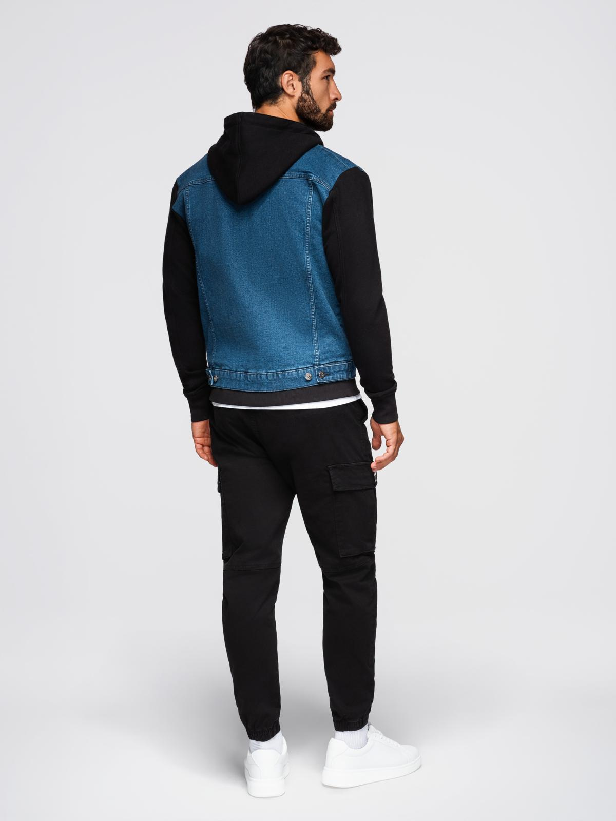 Ombre Men&#039;s denim jacket with knitted sleeves and hood - blue and black