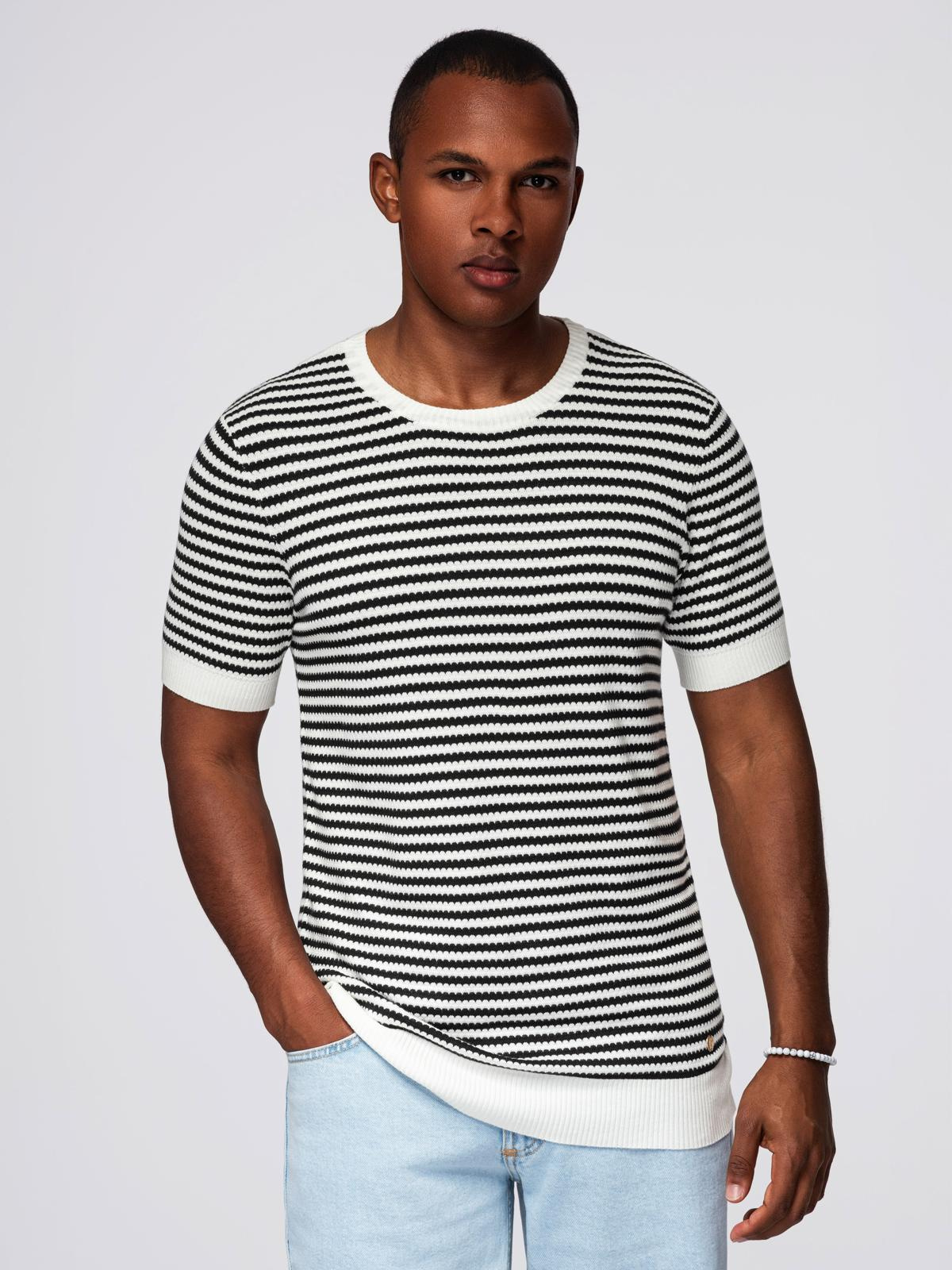 Ombre Men's knitted t-shirt with navy stripes and openwork weave - black and white