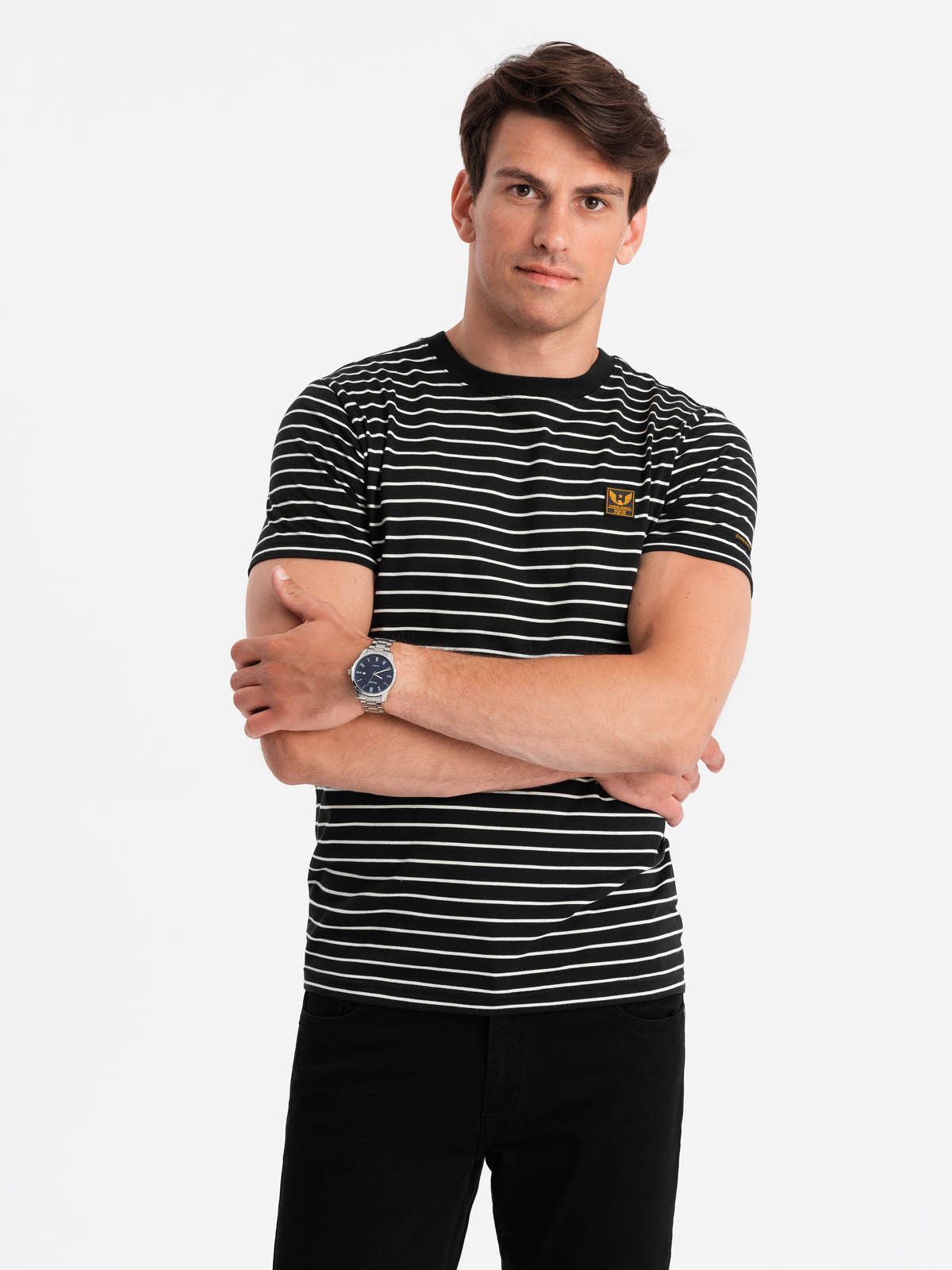 Men's striped t-shirt with patch by Ombre Design - black and white