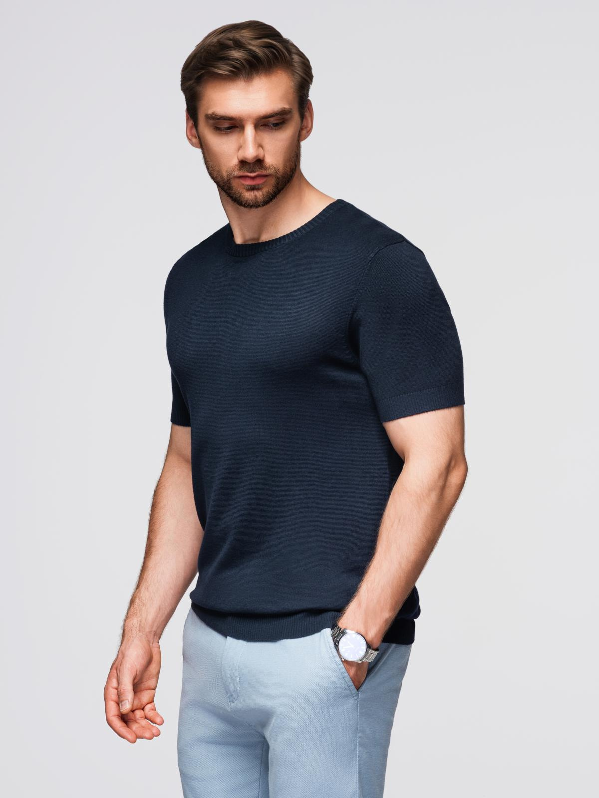 Ombre Men&#039;s classic knitted shirt with ribbed cuffs - navy blue