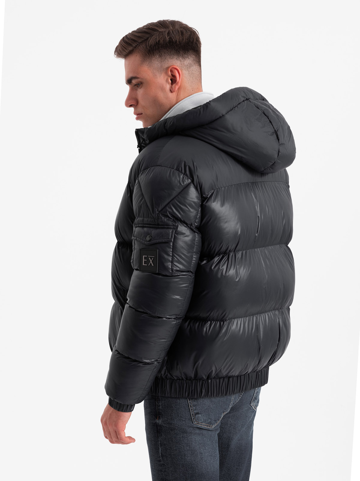Ombre Men's warm puffer jacket with welts - black