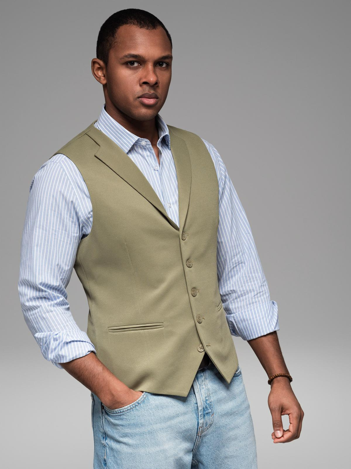 Ombre Fitted men&#039;s structured knit vest with lapels - olive