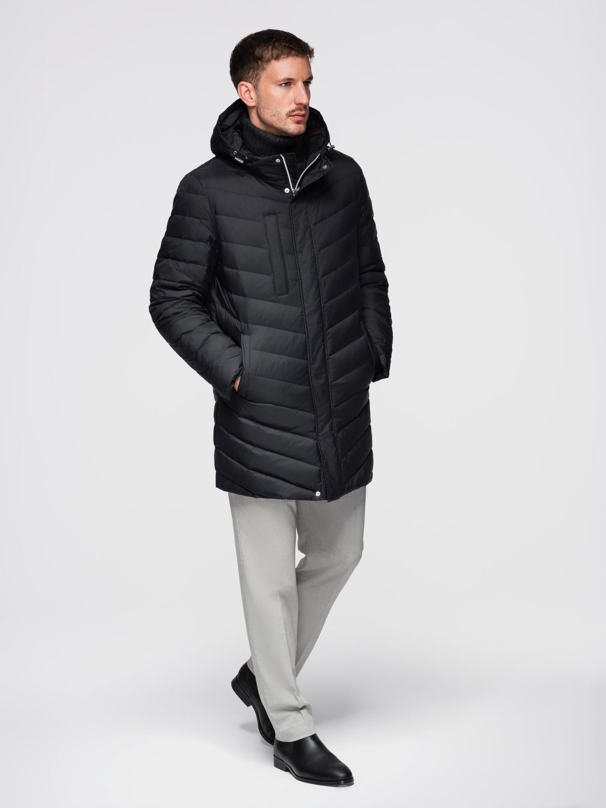 Ombre Men&#039;s long quilted jacket with natural filling - black