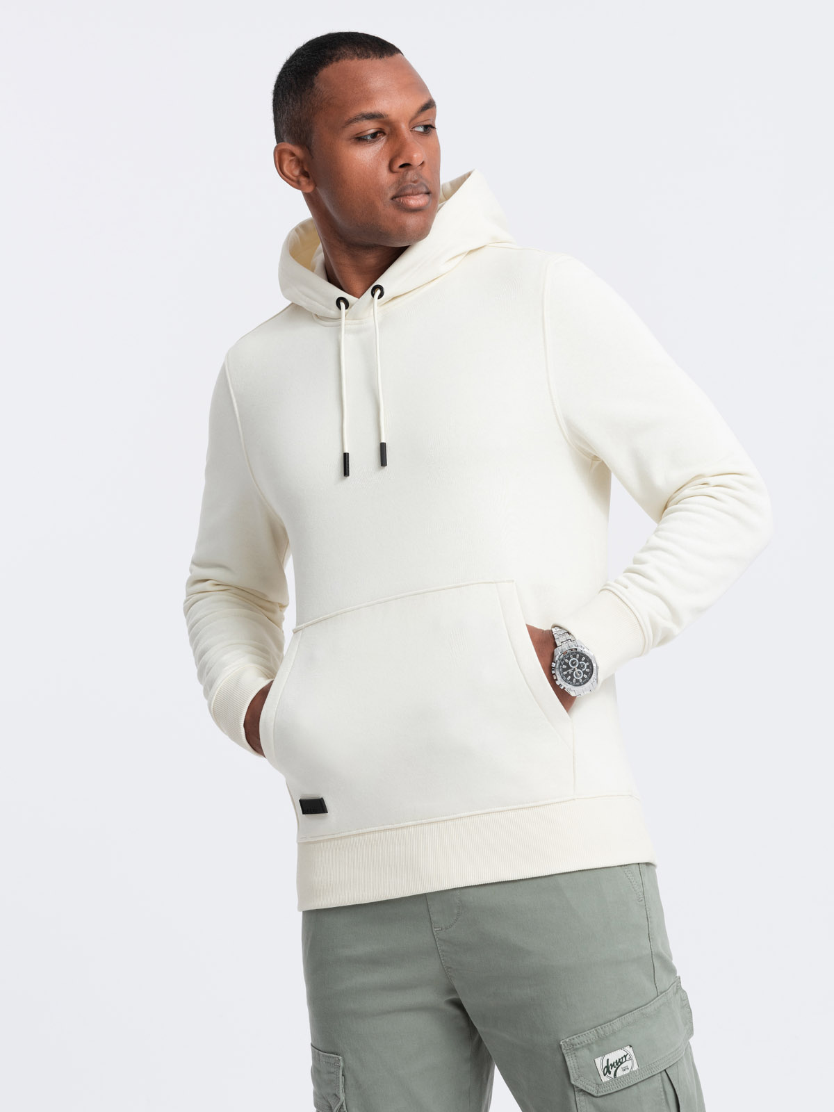 Ombre Men's BASIC Cotton Kangaroo Hooded Sweatshirt - Cream