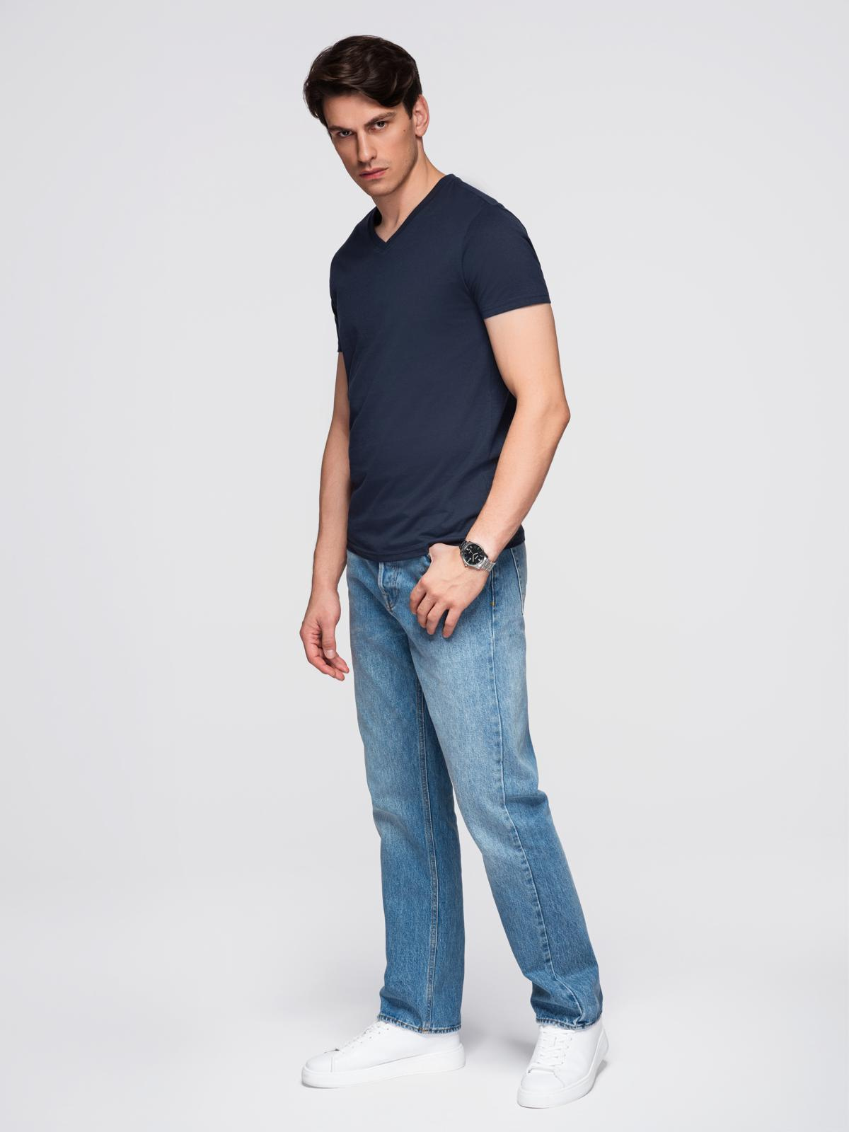 Ombre Men's BASIC classic cotton T-shirt with a v-neck - navy blue