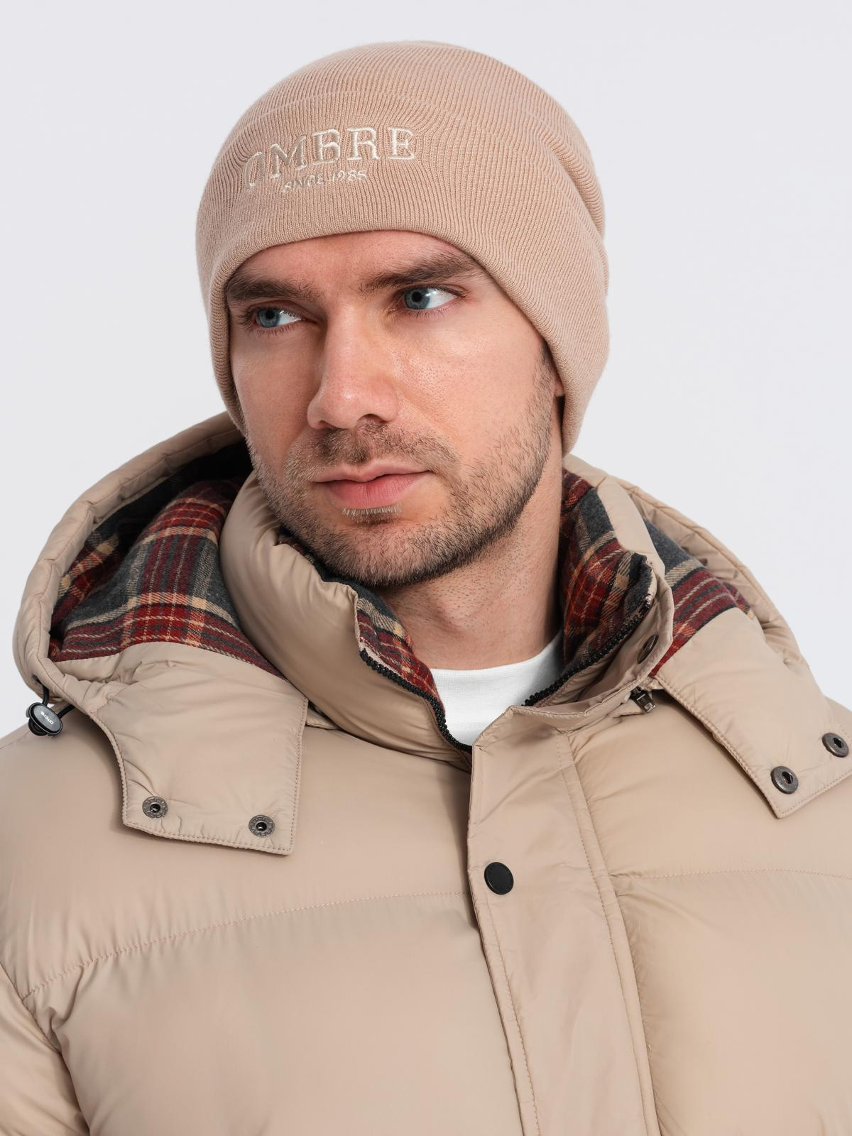 Ombre Men's knitted beanie cap with embroidered inscription - sand