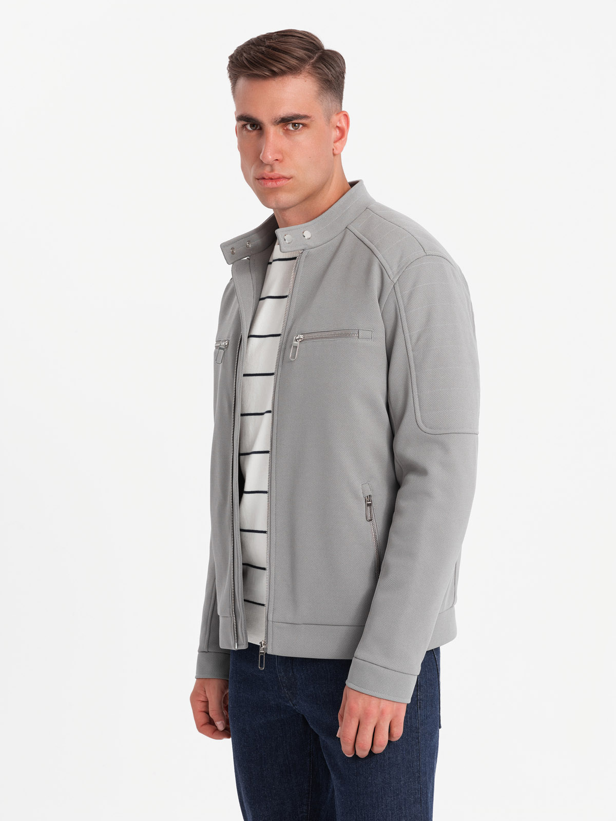 Ombre Men&#039;s biker jacket with pockets and collar - grey